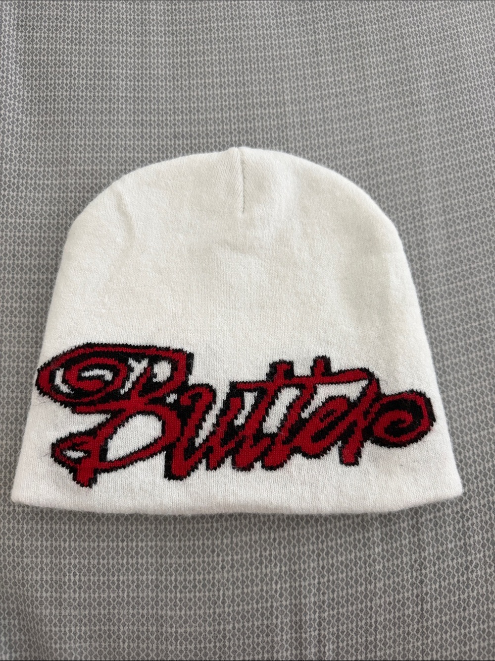 Butta White Knit Beanie with Red Script Logo